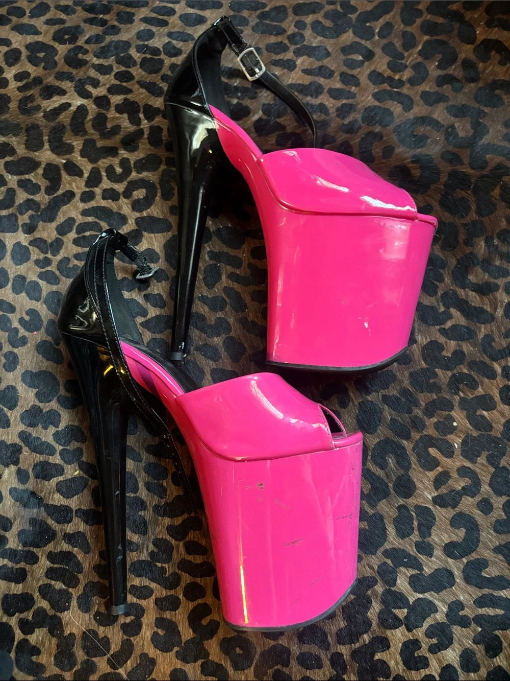 Pleaser Platform Peep-Toe Heels in Hot Pink with Black Ankle Strap 8 Inch